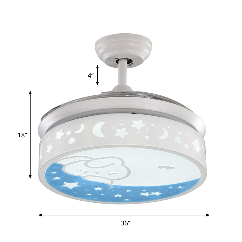 Hedendaagse drumventilator Lamp Metal LED 36 "Wide Kids Slaapkamer 4 Blades Semi Flush Mount in wit met konijn en sterrenpatroon