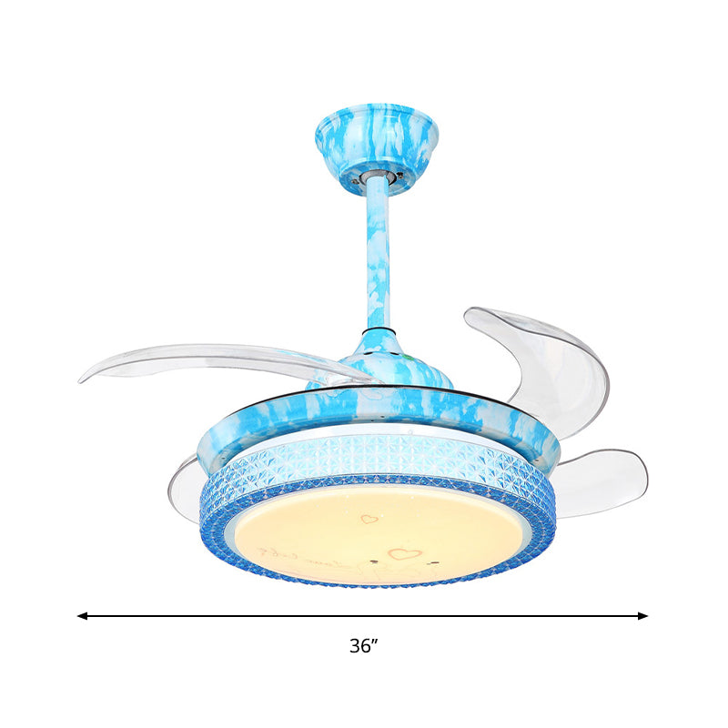 36" Width Blue Circular Fan Lighting Kids LED Acrylic Semi Flush Light Fixture for Children Bedroom, 4 Blades