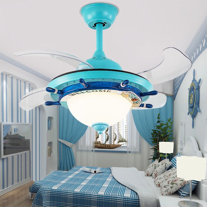 1-Light Bedroom Rudder Fan Lamp Kids White/Blue 4 Blades Semi Mount Lighting with Dome Opal Glass Shade, 36" Wide