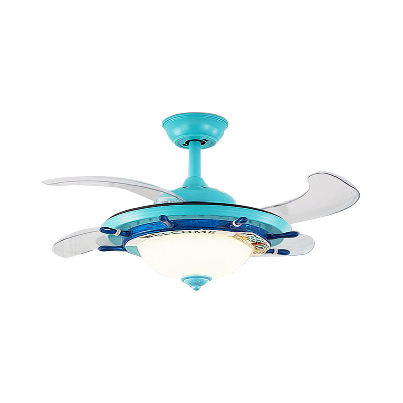 1-Light Bedroom Rudder Fan Lamp Kids White/Blue 4 Blades Semi Mount Lighting with Dome Opal Glass Shade, 36" Wide