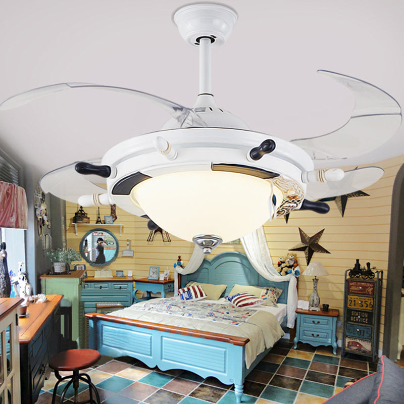 1-Light Bedroom Rudder Fan Lamp Kids White/Blue 4 Blades Semi Mount Lighting with Dome Opal Glass Shade, 36" Wide