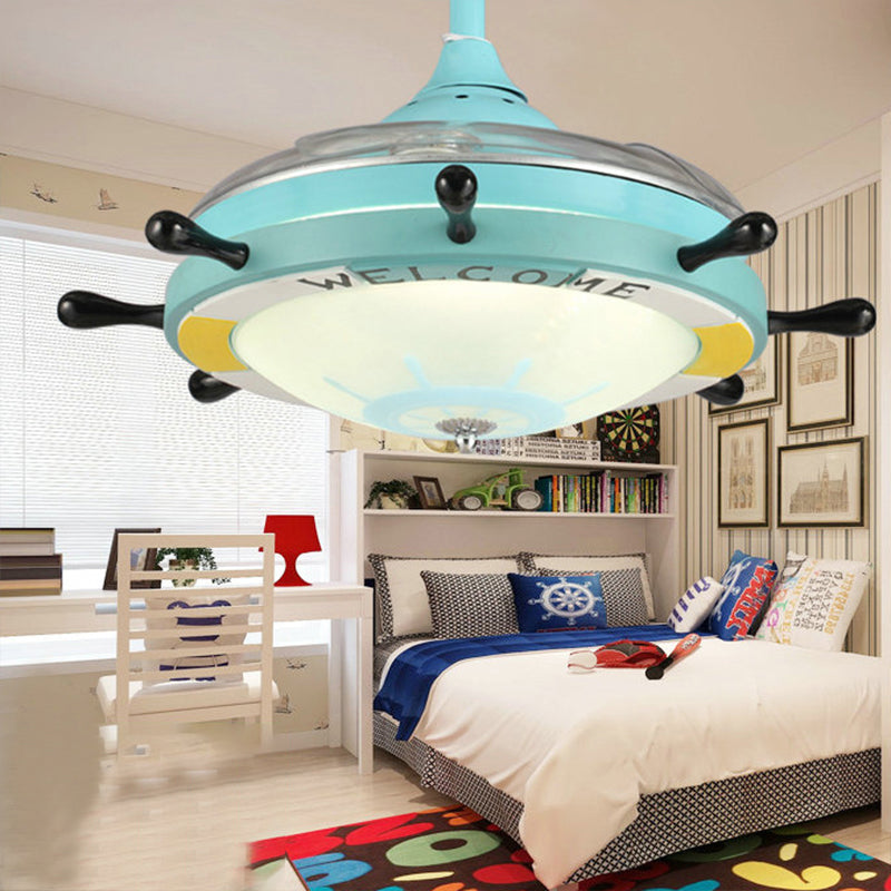 35.5" Wide Rudder Frosted Glass Fan Lighting Kids 1 Head Blue Semi Flush Mount Light Fixture for Bedroom, 4 Blades