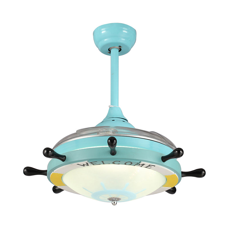 35.5" Wide Rudder Frosted Glass Fan Lighting Kids 1 Head Blue Semi Flush Mount Light Fixture for Bedroom, 4 Blades