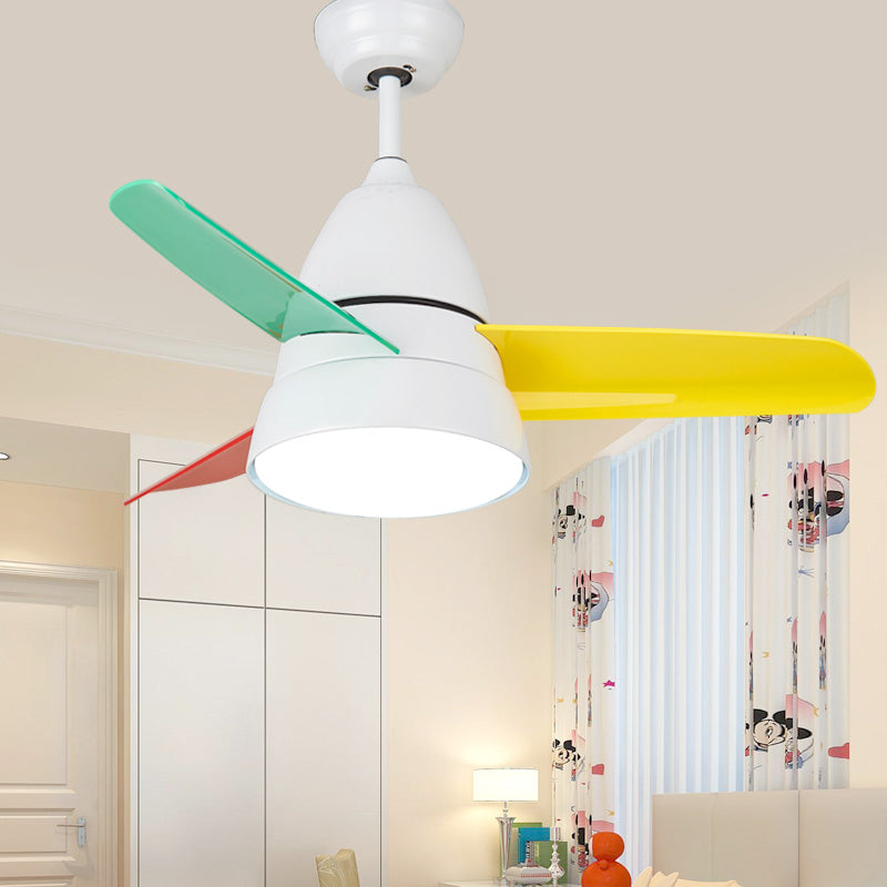 36" Width LED Bedroom Hanging Fan Lamp Kids Black/Silver/White Semi Flush Ceiling Light with Halo Acrylic Shade, 3 Colored Blades