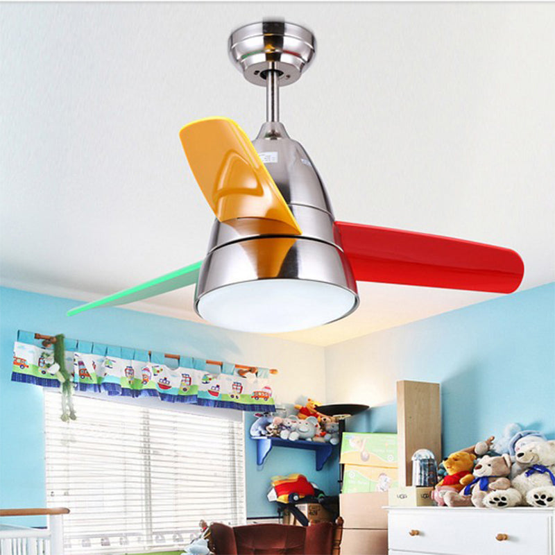 36" Width LED Bedroom Hanging Fan Lamp Kids Black/Silver/White Semi Flush Ceiling Light with Halo Acrylic Shade, 3 Colored Blades