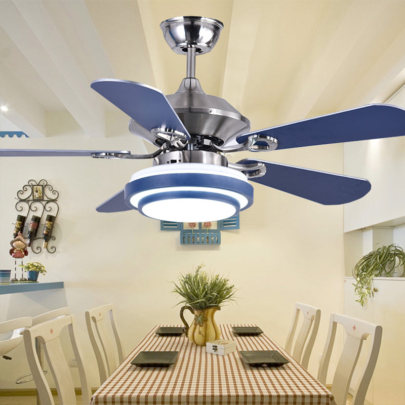 Minimalism Circle Hanging Fan Lamp Metal LED Dining Room 5 Blades Semi Flush in Blue with Remote Control, 42" Width