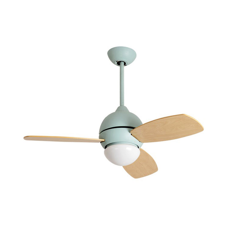 Modernist Bowl Metal Fan Light LED Semi-Flush Mount in Pink/Yellow/Green with 3 Wood Blades for Living Room, 34" Width