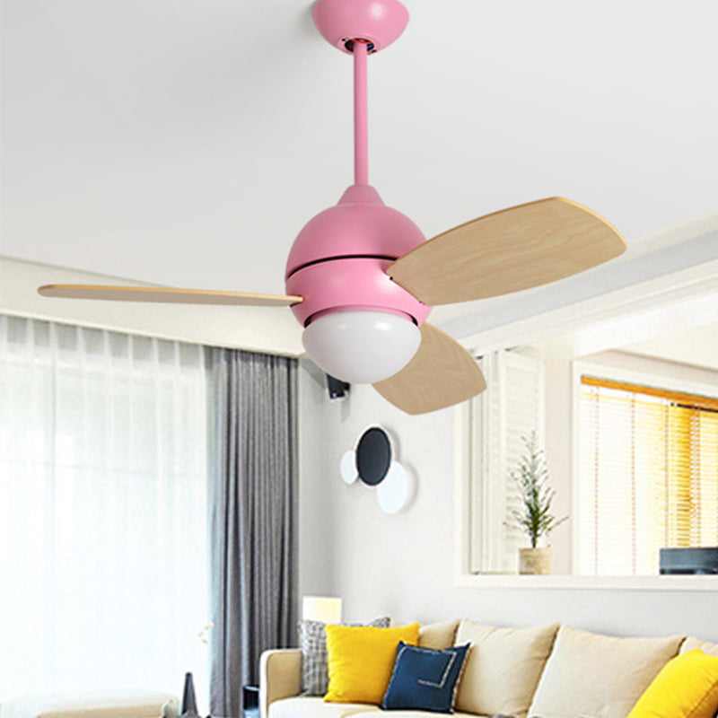 Modernist Bowl Metal Fan Light LED Semi-Flush Mount in Pink/Yellow/Green with 3 Wood Blades for Living Room, 34" Width