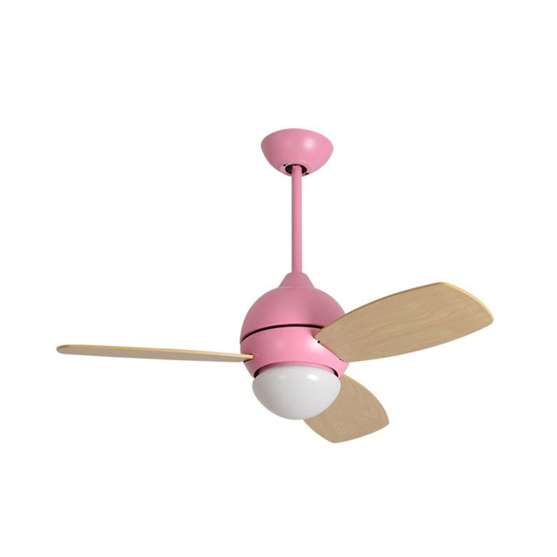 Modernist Bowl Metal Fan Light LED Semi-Flush Mount in Pink/Yellow/Green with 3 Wood Blades for Living Room, 34" Width