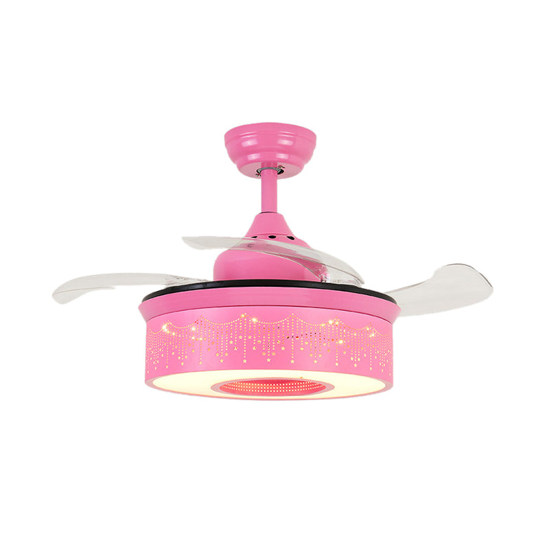 14"/16.5" W Modern LED Fan Lighting Pink/Blue/Green Drum 4 Blades Semi Flush Light with Acrylic Shade, Remote Control