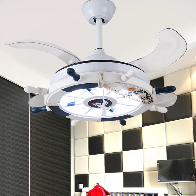 Metal Rudder Shaped Fan Light Nautical Style LED Semi Flush Mount Light in White for Boys Bedroom