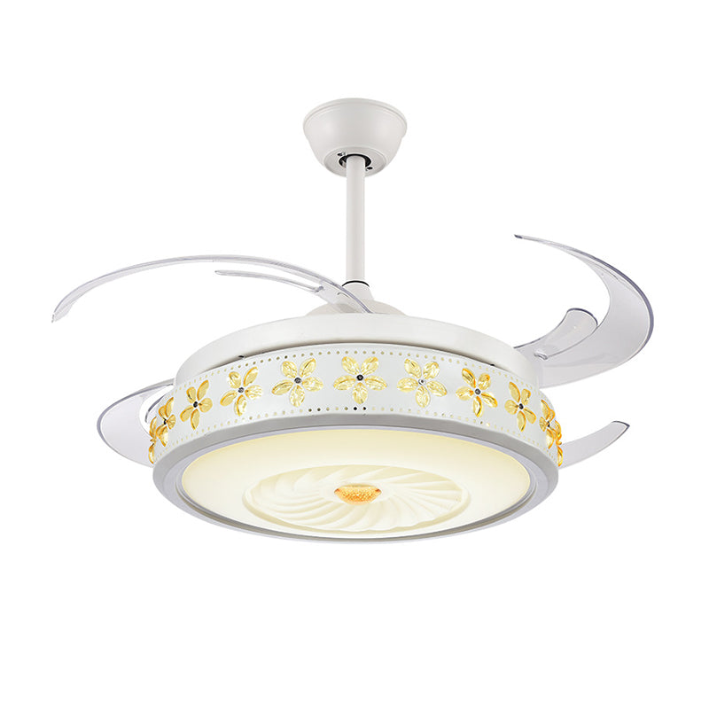 Modern Stylish LED Ceiling Fan Light Metallic White Vortex Semi Flush Lamp with Embedded Amber Crystal Accent