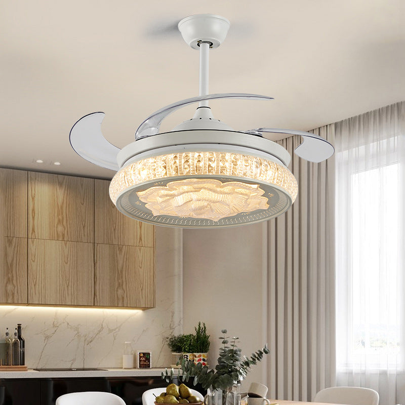 White Rose Ceiling Fan Light Simple LED Faceted Crystal Semi Flush Mount Lamp with Remote Control/Wall Control/Remote+Wall Control