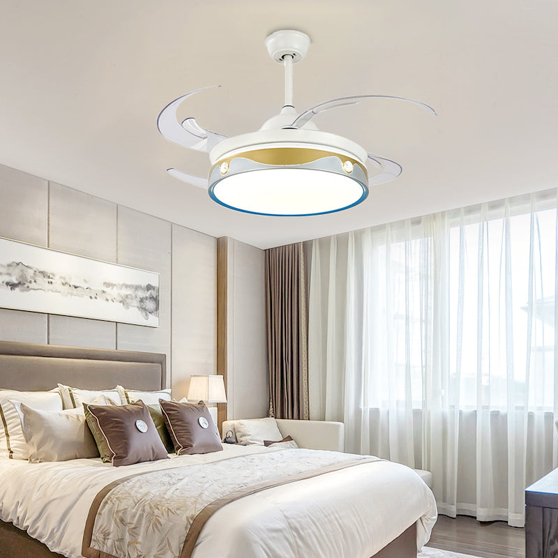 White Round Indoor Fan Lighting Contemporary Metallic 8-Blade LED Semi Mount Ceiling Lamp