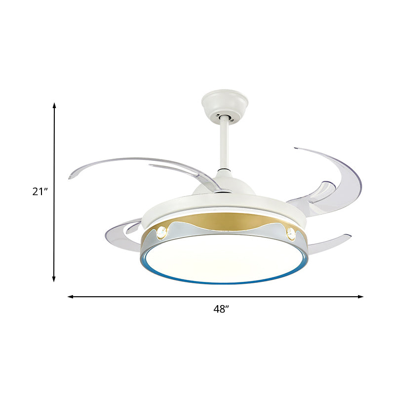 White Round Indoor Fan Lighting Contemporary Metallic 8-Blade LED Semi Mount Ceiling Lamp