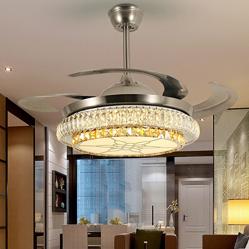 Beveled Crystal Tier LED Ceiling Fan Modern Stylish LED Silver Finish Semi Flush Lamp with/without Bluetooth