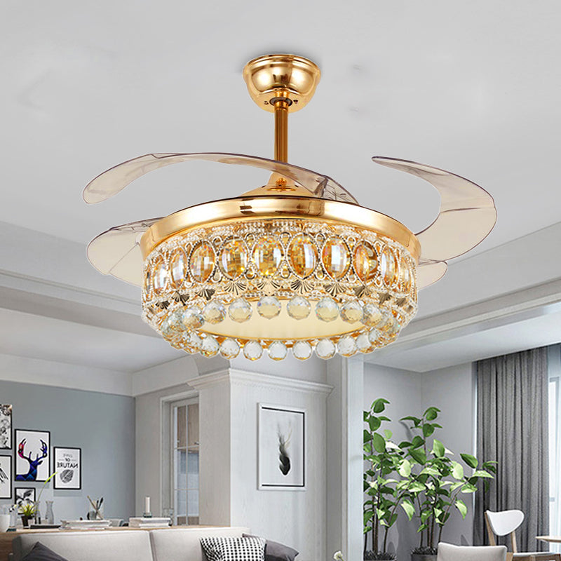 Vintage Crown LED Ceiling Fan Clear Crystal Ball LED Living Room Semi Flush Light in Gold