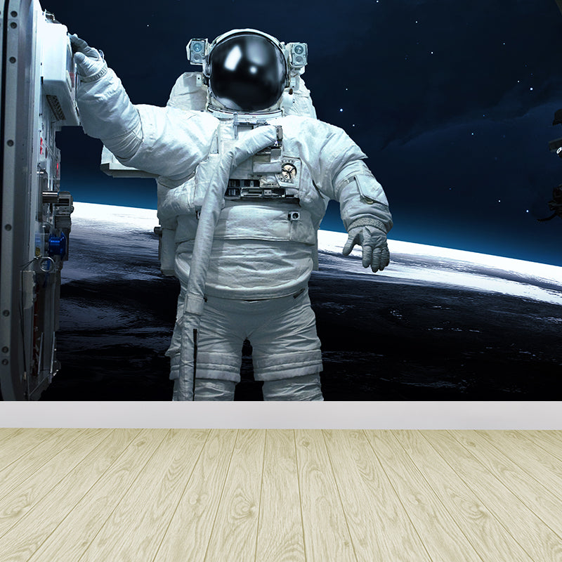 White Astronaut Printed Mural Stain Resistant Fictional Boys Bedroom Wall Covering