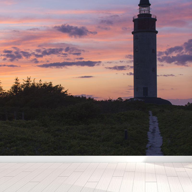 Large Lighthouse Mural Wallpaper Coastal Sea Landscape Wall Covering in Pastel Color