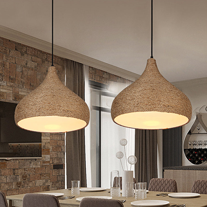 Hemp Rope Teardrop Pendant Light Lodge Stylish 1 Bulb Living Room Suspension Lamp in Beige