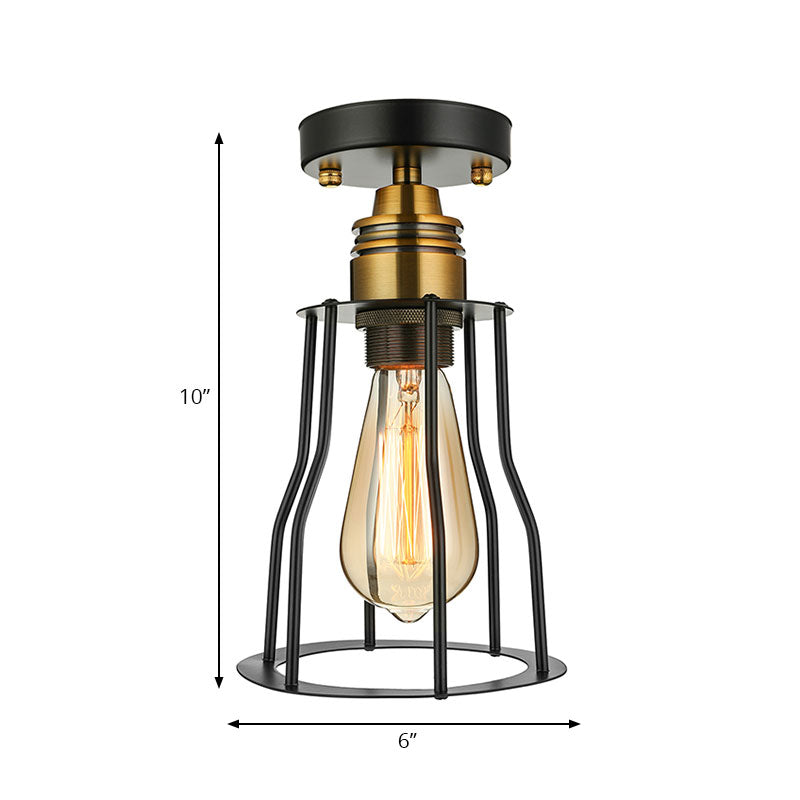 Industrial Stylish Wire Guard Ceiling Light 1 Light Metallic Semi Flush Light in Brass/Antique Brass for Hallway