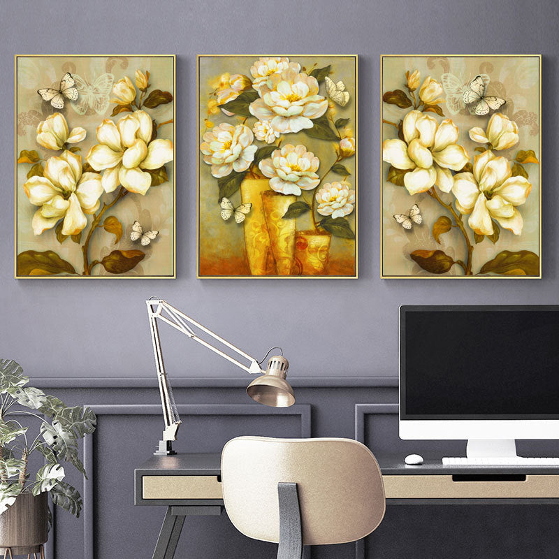 Gold Blooming Flower Print Canvas Textured French Country Living Room Wall Art