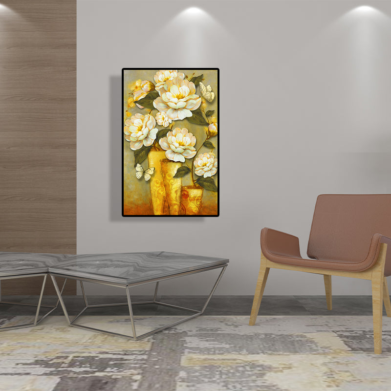 Gold Blooming Flower Print Canvas Textured French Country Living Room Wall Art