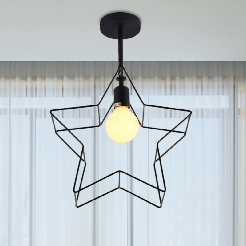 Black 1 Bulb Semi Flush Mount Lighting Loft Stylish Metal Wire Frame Ceiling Lamp with Star Shade for Bedroom