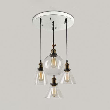 4-Light Multiple Hanging Light with Different Shade Clear Glass Modern Cluster Pendant in Aged Brass, Linear/Round Canopy