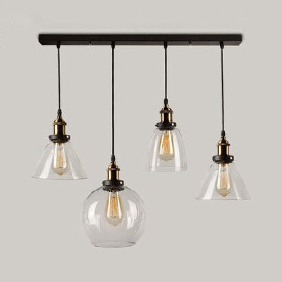 4-Light Multiple Hanging Light with Different Shade Clear Glass Modern Cluster Pendant in Aged Brass, Linear/Round Canopy