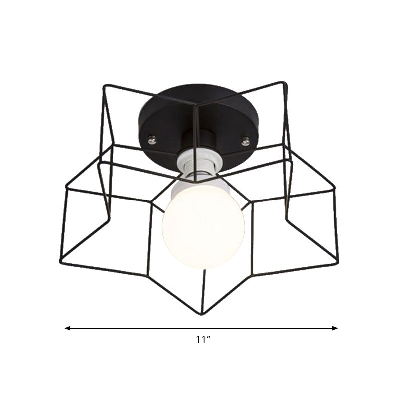 1 Bulb Star Ceiling Mounted Light with Cage Shade Industrial Black/White Metal Semi-Flush Mount Light for Bedroom