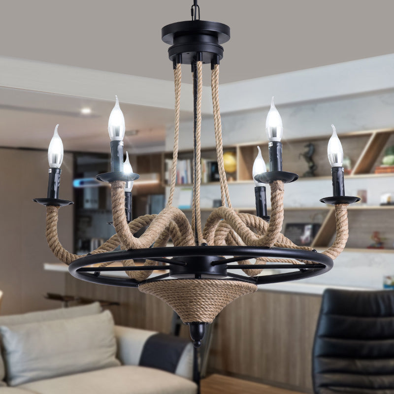 6 Bulb Chandelier Pendant Light Vintage Wagon Wheel Metal Hanging Lamp with Rope Detail in Black