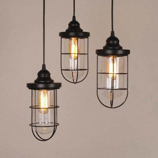 2/3 lampadine in gabbia Multiple lampada a sospensione industriale Black Clear Glass Kit appeso, baldacchino lineare/rotondo