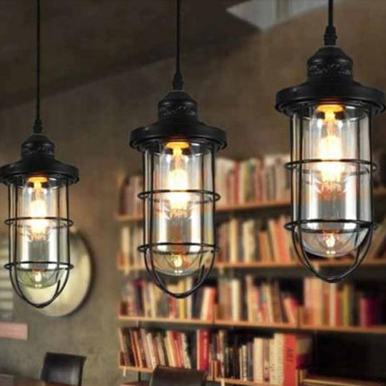 2/3 Bulbs Caged Multiple Lamp Pendant Industrial Black Clear Glass Hanging Light Kit, Linear/Round Canopy