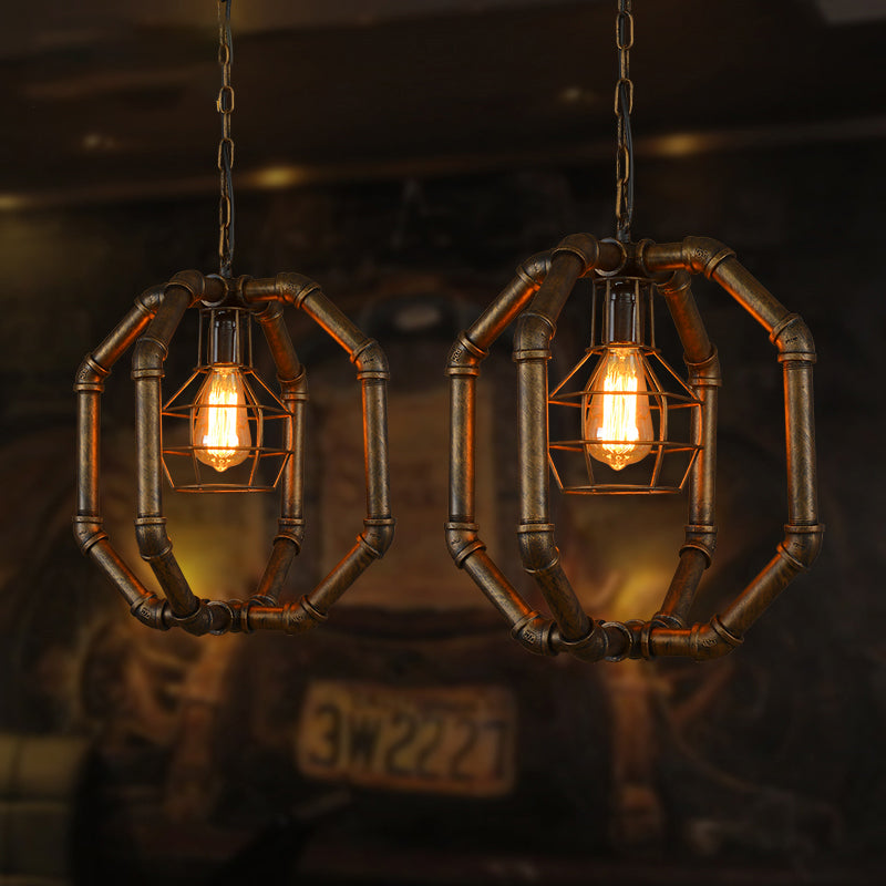 1 Bulb Metal Hanging Lamp Farmhouse Style Brass Water Pipe Restaurant Ceiling Fixture with Inner Dome Cage Shade