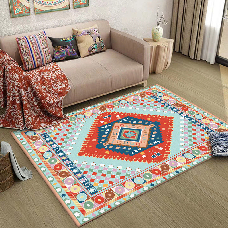 Blue and Orange Bedroom Rug Moroccan Medallion Circle Diamond Pattern Area Rug Polyester Anti-Slip Washable Carpet