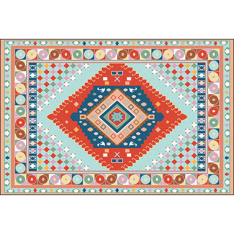 Blue and Orange Bedroom Rug Moroccan Medallion Circle Diamond Pattern Area Rug Polyester Anti-Slip Washable Carpet