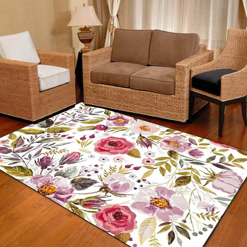 Classic French Country Rug in White Floral Leaf Pattern Rug Polyester Washable Carpet for Home Decoration