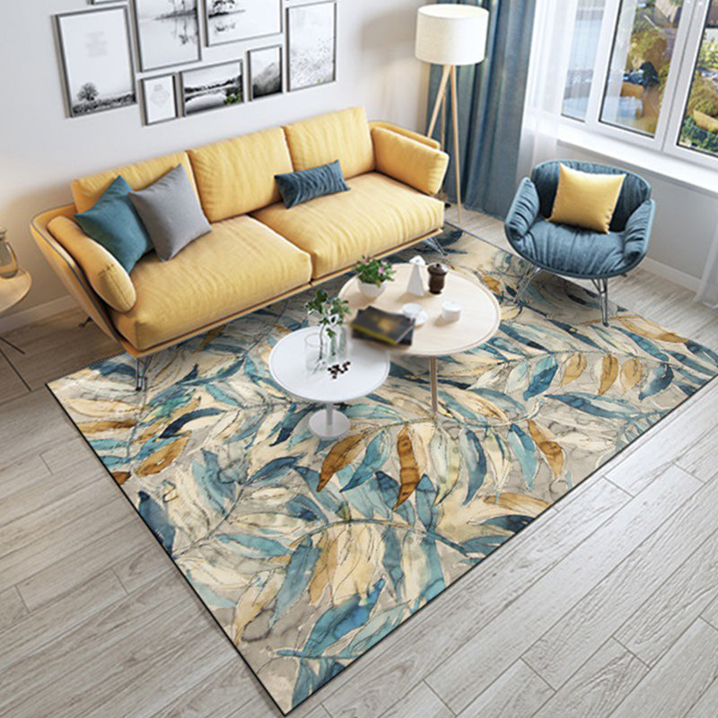 Classic Vintage Rug in Yellow and Blue Botanical Leaf Pattern Rug Polyester Anti-Slip Carpet for Home Decoration