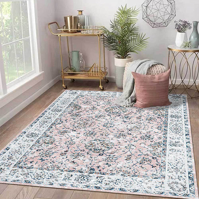 Shabby Chic Floral Pattern Rug Light Pink and Blue Polyester Rug Machine Washable Non-Slip Area Rug for Bedroom