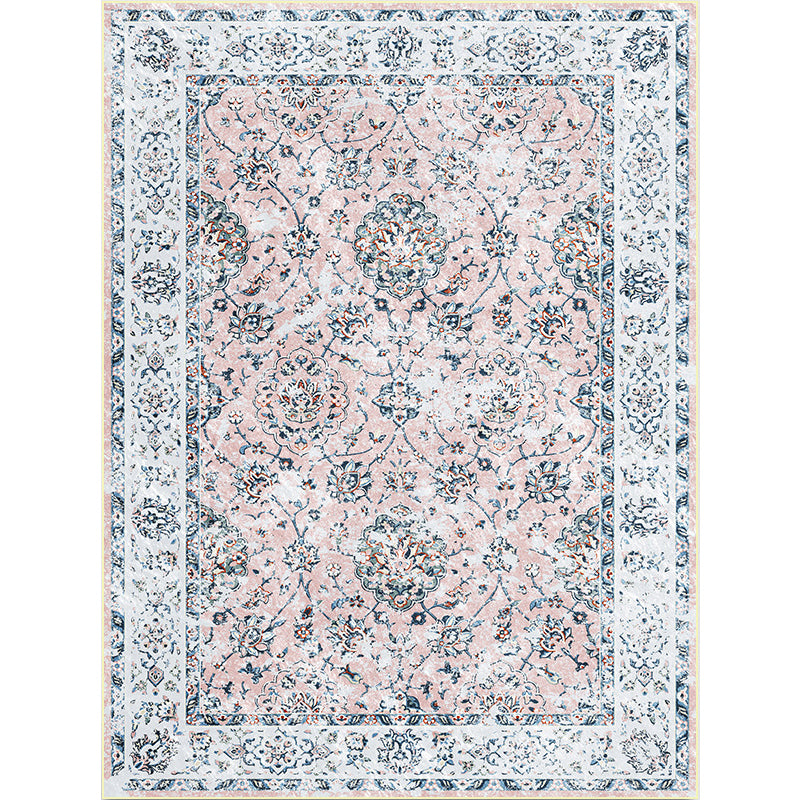 Shabby Chic Floral Pattern Rug Light Pink and Blue Polyester Rug Machine Washable Non-Slip Area Rug for Bedroom