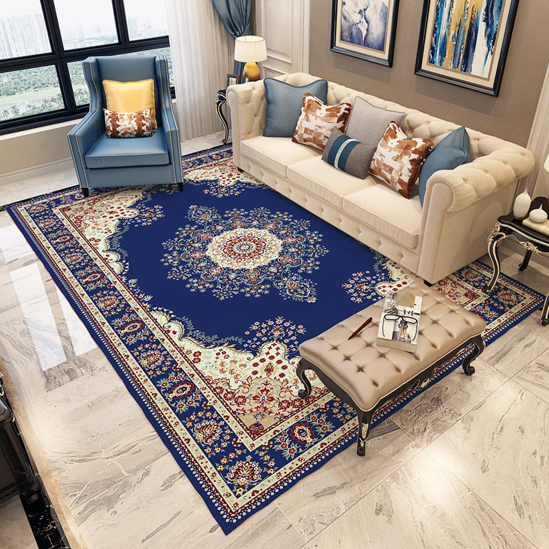 Blue and Grey Bedroom Rug Moroccan Medallion Floral Pattern Area Rug Polyester Anti-Slip Washable Carpet