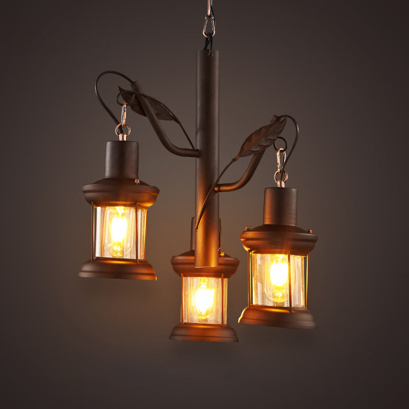 Factory Kerosene Lamp Drop Pendant 3 Heads Clear Glass Tree Design Ceiling Chandelier in Black