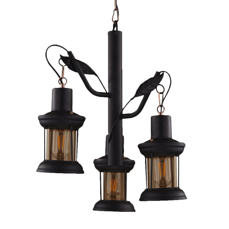 Factory Kerosene Lamp Drop Pendant 3 Heads Clear Glass Tree Design Ceiling Chandelier in Black