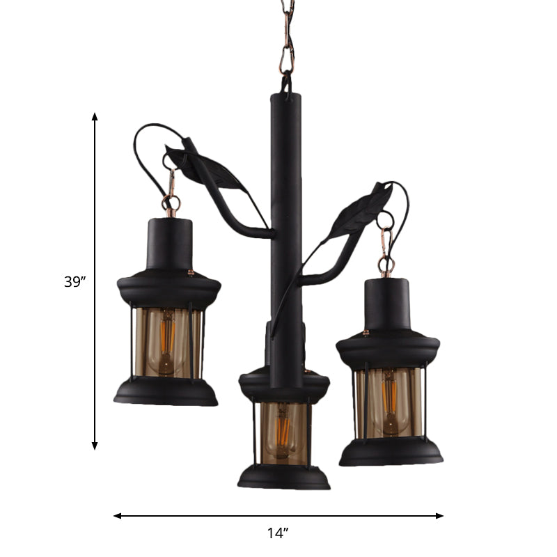 Factory Kerosene Lamp Drop Pendant 3 Heads Clear Glass Tree Design Ceiling Chandelier in Black
