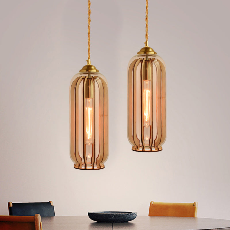 Capsule/Dome Dining Room Hanging Lamp Industrial Amber Glass Single Bulb Gold Suspension Light with Stranded Rope