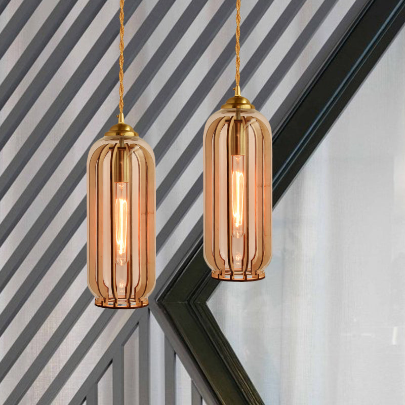 Capsule/Dome Dining Room Hanging Lamp Industrial Amber Glass Single Bulb Gold Suspension Light with Stranded Rope