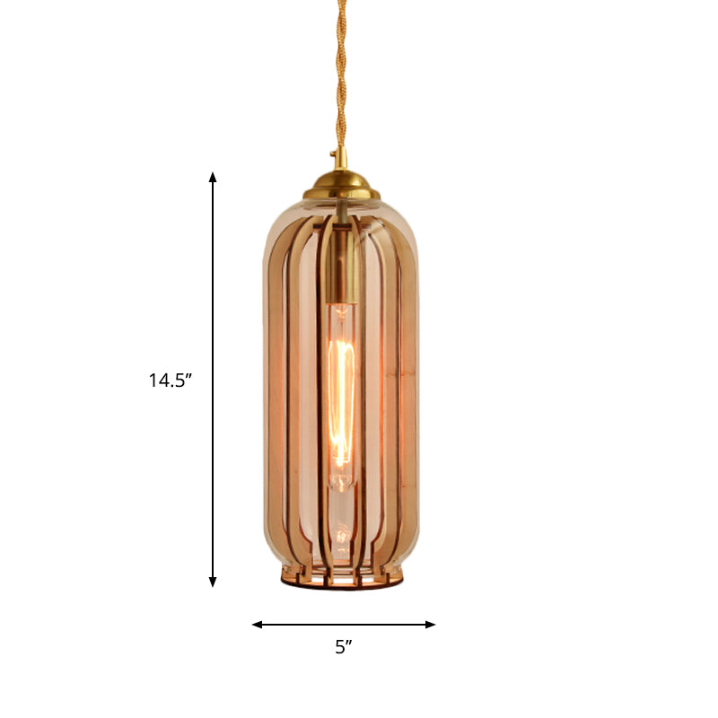 Capsule/Dome Dining Room Hanging Lamp Industrial Amber Glass Single Bulb Gold Suspension Light with Stranded Rope