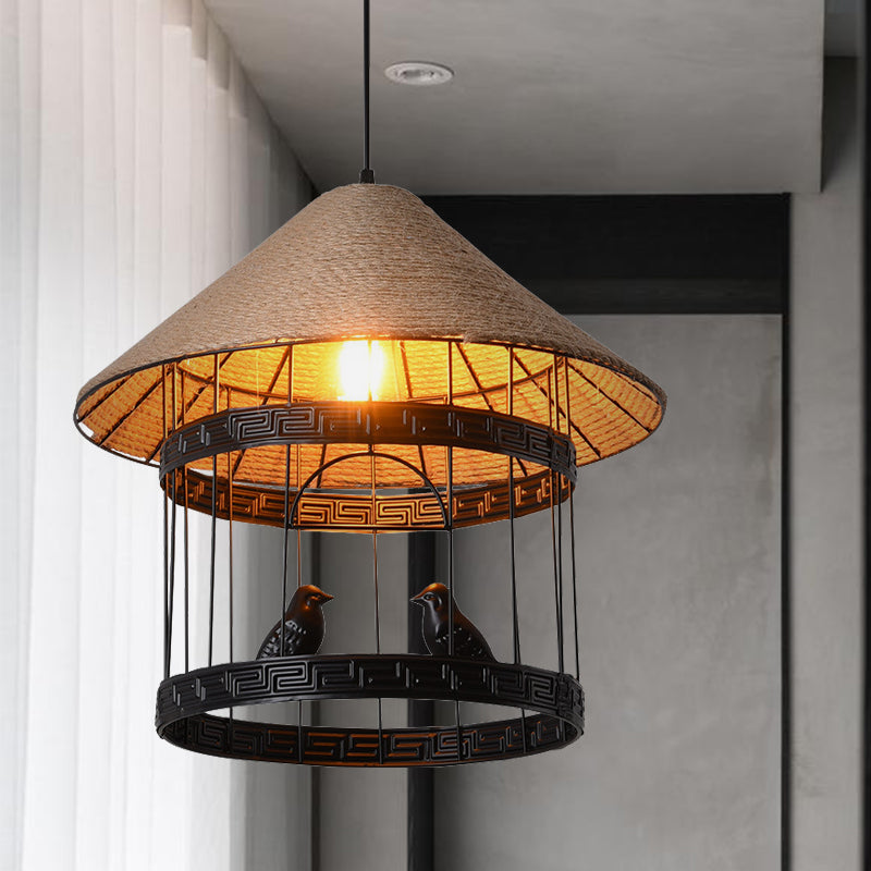 Metallic Black Hanging Lamp Bird Cage Single Bulb Antique Drop Pendant with Conical Rope Shade