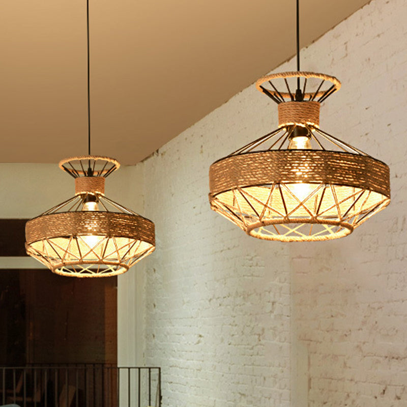 Beige 1-Light Suspension Lamp Traditional Rope Grenade Cage Hanging Ceiling Lighting for Dining Hall